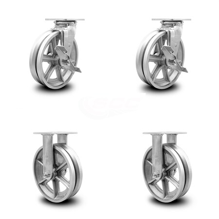 Service Caster 8 Inch V Groove Semi Steel Caster Set with Ball Bearings 2 Brakes 2 Rigid SCC SCC-30CS820-VGB-TLB-2-R820-2